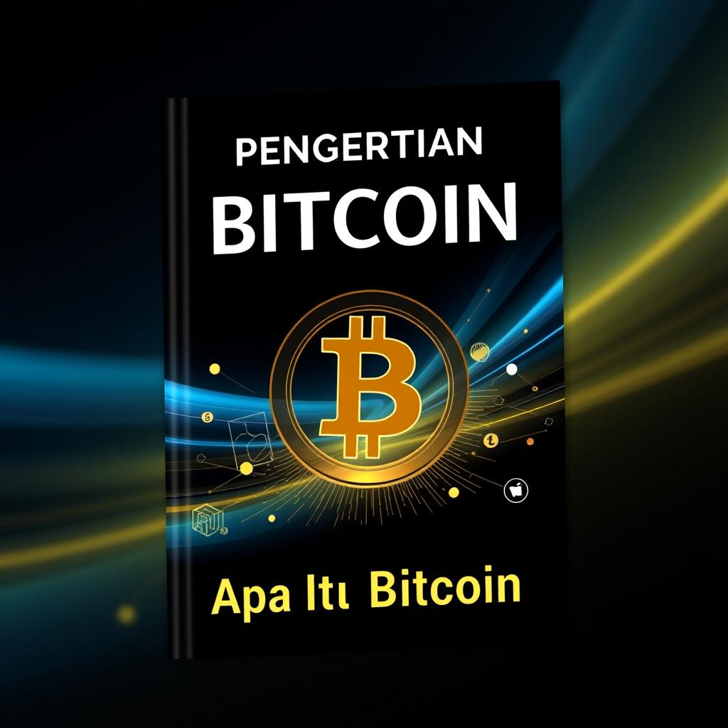 A book cover design titled 'Pengertian Bitcoin: Apa Itu Bitcoin?'