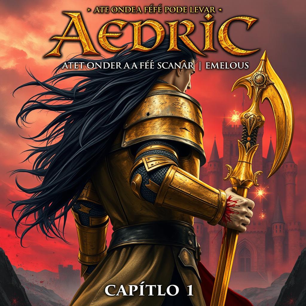 A scene featuring a noble knight wearing a tarnished golden armor, his long black hair flowing freely in the wind