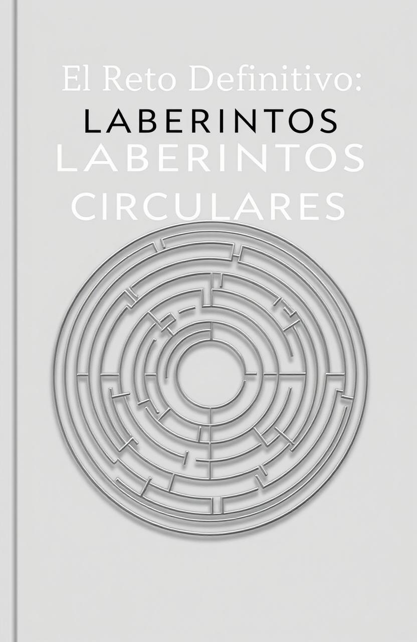 A book cover design for 'El Reto Definitivo: LABERINTOS CIRCULARES 70+', featuring a complex circular labyrinth created with thin modern lines