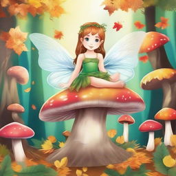 Draw a magical fairy sitting on a mushroom in an enchanted forest during the fall season with the leaves changing color