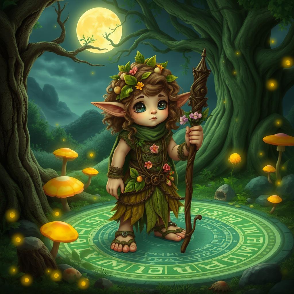 An adult halfling sage druid, adorned with nature-themed clothing made of leaves and vines, exhibiting a wise demeanor, surrounded by a vibrant druid circle under a full moon