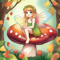 Draw a magical fairy sitting on a mushroom in an enchanted forest during the fall season with the leaves changing color