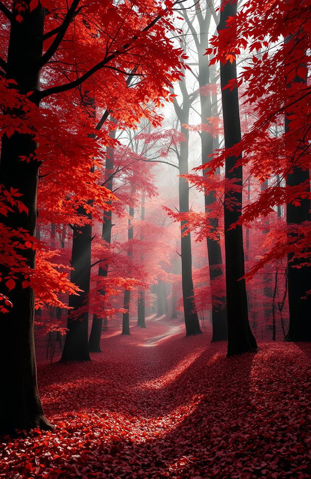 A mystical red forest during autumn, with vibrant red and orange leaves hanging from tall, ancient trees