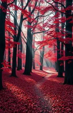 A mystical red forest during autumn, with vibrant red and orange leaves hanging from tall, ancient trees