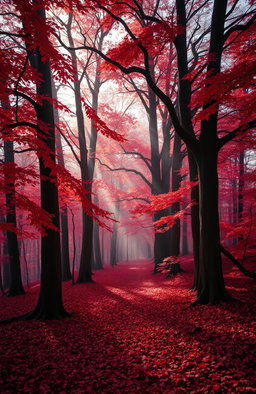 A mystical red forest during autumn, with vibrant red and orange leaves hanging from tall, ancient trees