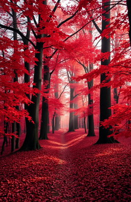 A mystical red forest during autumn, with vibrant red and orange leaves hanging from tall, ancient trees