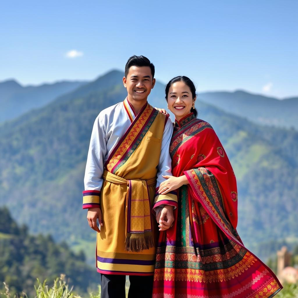 A Bhutanese couple dressed in their traditional national attire, the man wearing a 'Gho' which is a knee-length robe tied at the waist with a traditional belt, and the woman in a colorful 'Kira' that flows elegantly to the ankle, adorned with intricate patterns and vibrant colors