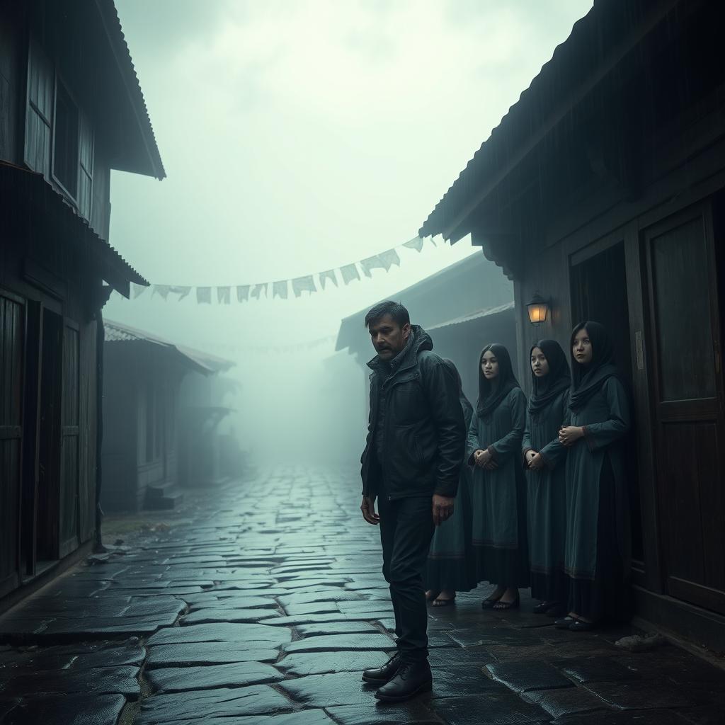 A misty Bhutanese village at dusk, with narrow stone-paved streets glistening from a recent rain