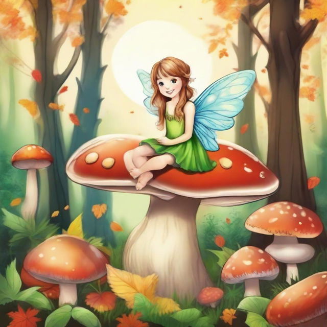 Draw a magical fairy sitting on a mushroom in an enchanted forest during the fall season with the leaves changing color