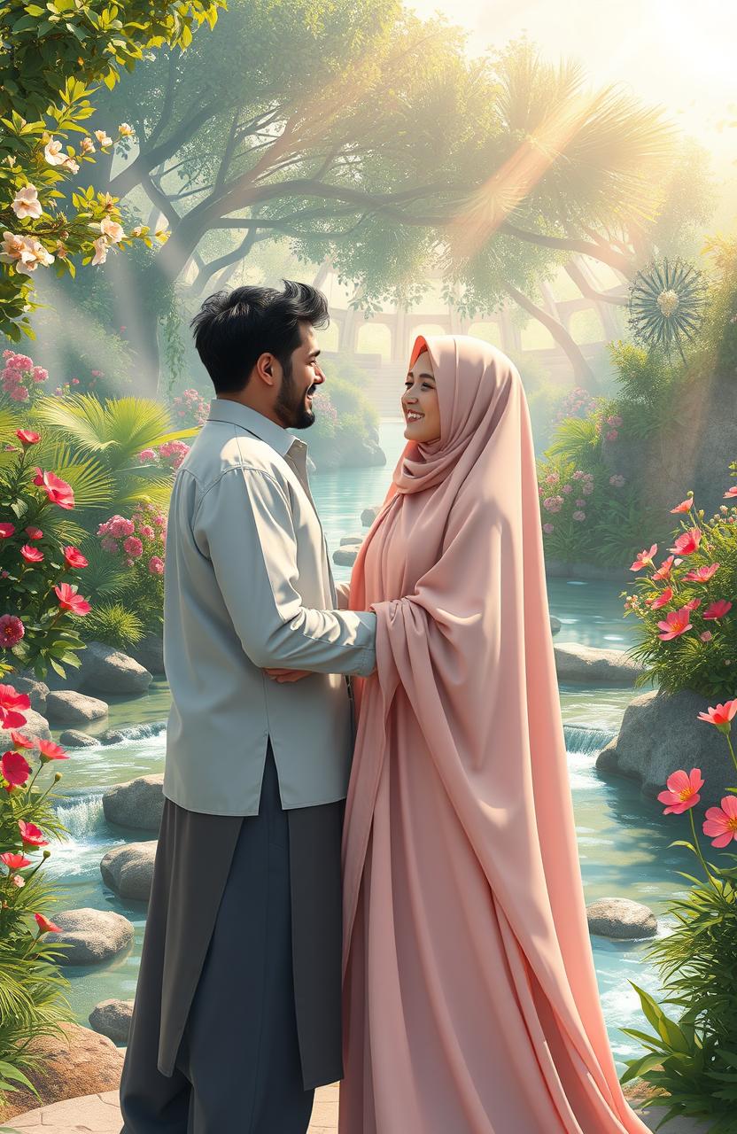 A romantic meeting in paradise, depicting a man joyfully encountering his beloved who is fully veiled in a beautiful and elegant Islamic hijab with a long, flowing abaya