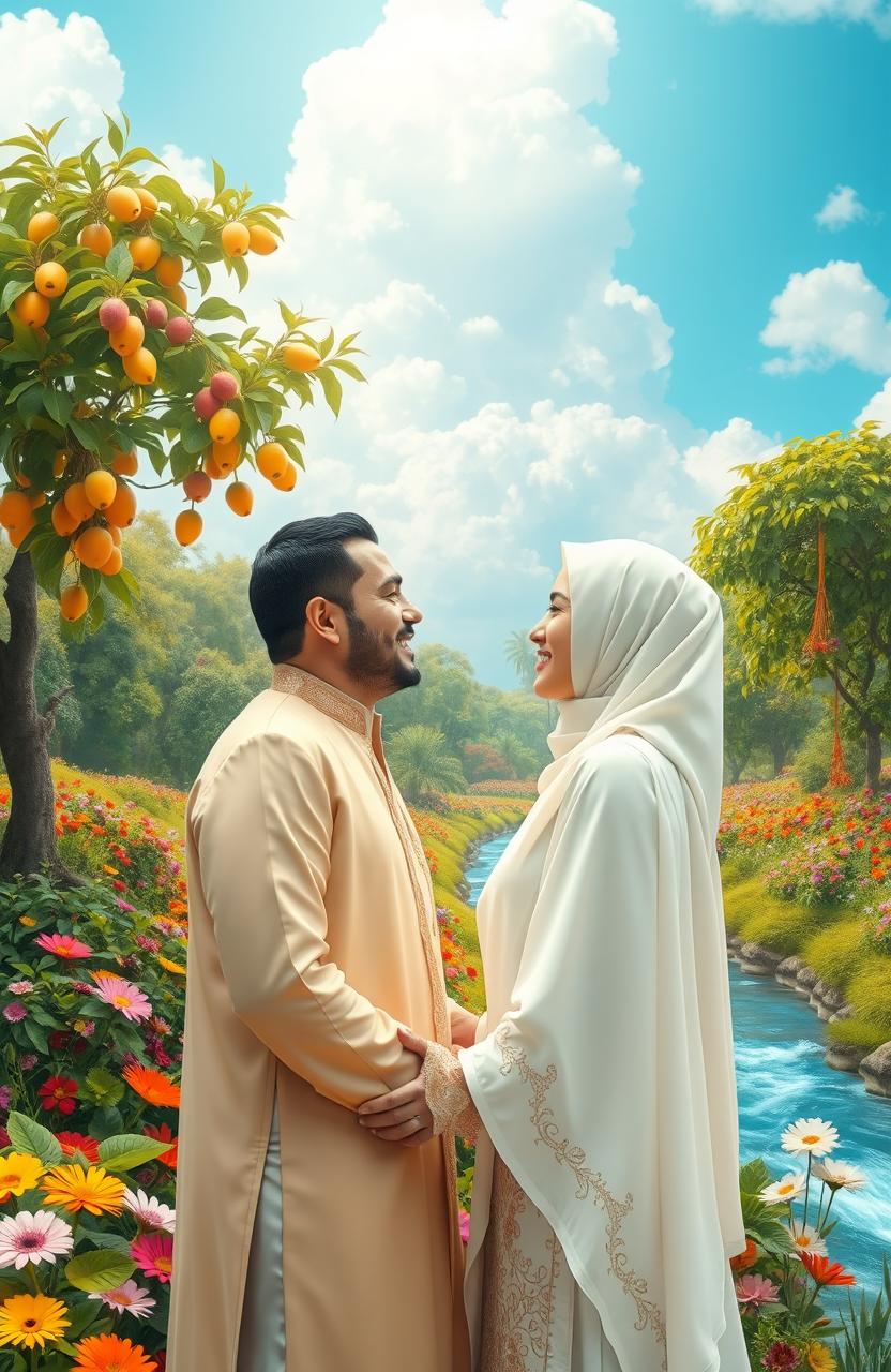 A romantic scene in paradise depicting a man meeting his beloved, who is wearing a full white hijab