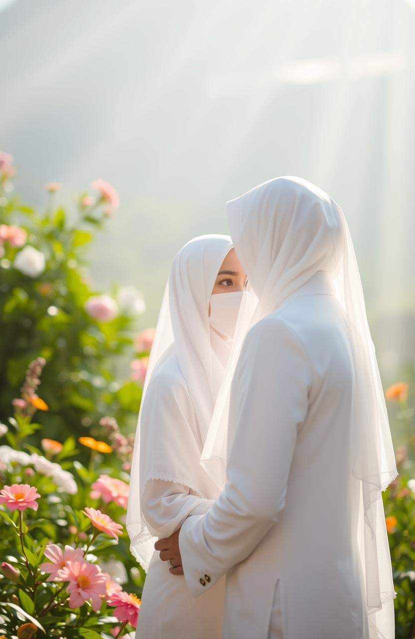 A romantic meeting between a man and his veiled girlfriend wearing a full white hijab in a beautiful paradise