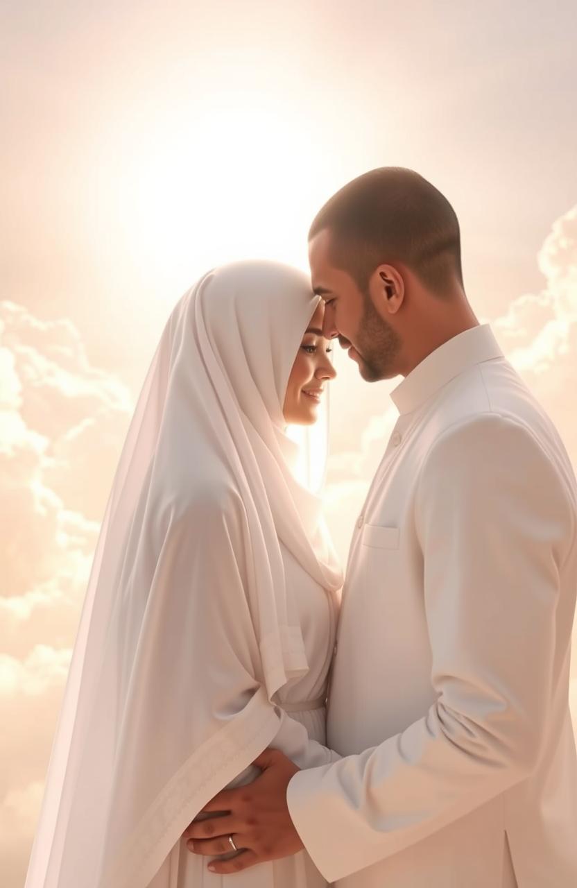 A romantic scene of a man meeting his beloved, who is wearing a full white hijab in heaven