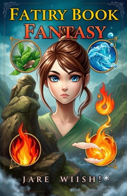 A vibrant fantasy book cover featuring a main character, a girl with brown hair tied up and striking blue eyes