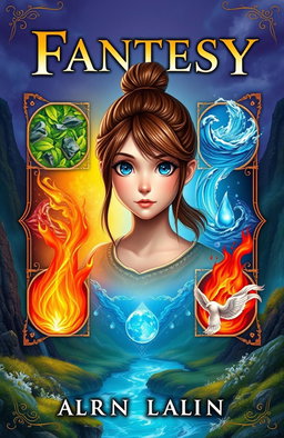 A vibrant fantasy book cover featuring a main character, a girl with brown hair tied up and striking blue eyes