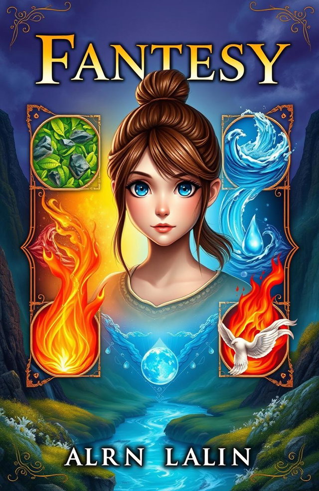 A vibrant fantasy book cover featuring a main character, a girl with brown hair tied up and striking blue eyes
