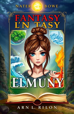 A vibrant fantasy book cover featuring a main character, a girl with brown hair tied up and striking blue eyes