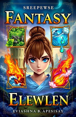 A vibrant fantasy book cover featuring a main character, a girl with brown hair tied up and striking blue eyes
