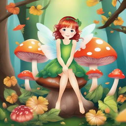 Draw a magical fairy sitting on a mushroom in an enchanted forest during the fall season with the leaves changing color