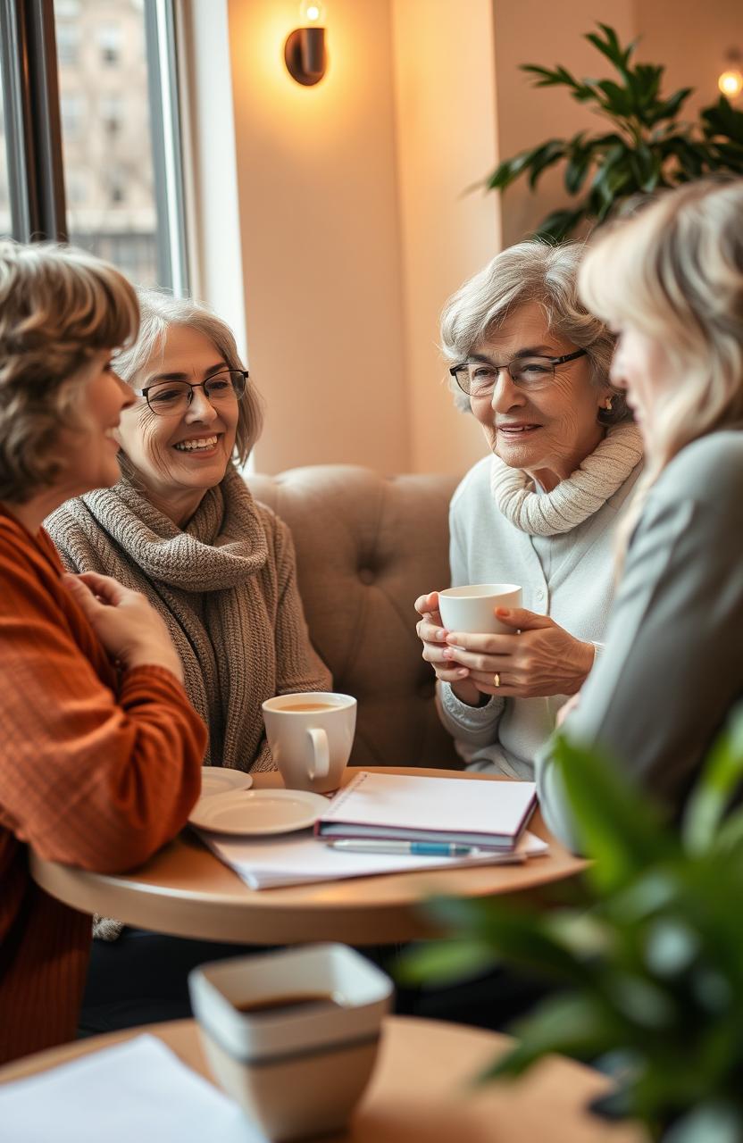A group of mature women, 40s to 60s, engaging in a supportive conversation at a cozy café, showcasing emotional connections and understanding