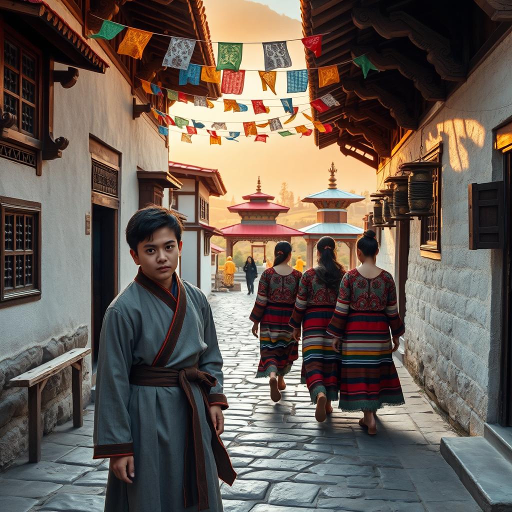 A beautiful scene set in a traditional Bhutanese town featuring stone-paved streets winding through rustic, whitewashed buildings adorned with intricately carved wooden windows and red-roofed eaves