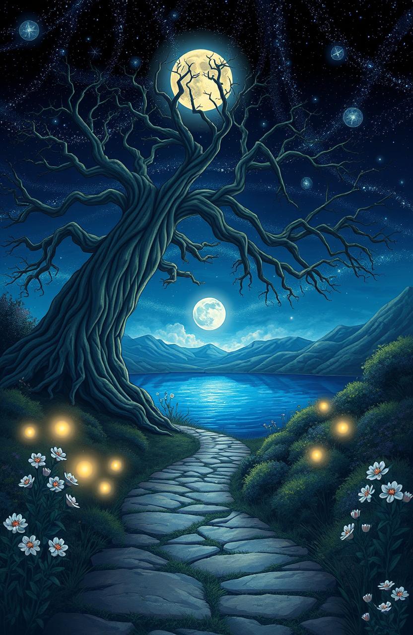 A contemplative and thought-provoking illustration of a timeless landscape that symbolizes immortality, featuring an ancient tree with sprawling roots and branches reaching towards a starry night sky