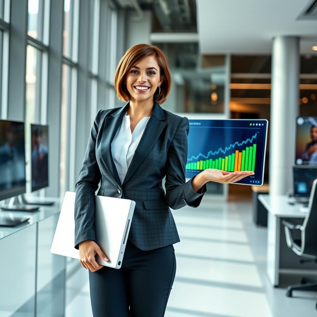 A confident young woman standing in a modern office environment, showcasing leadership in the business and IT sectors