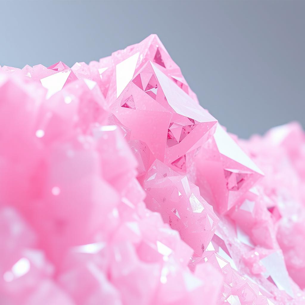 A close-up view of Mount Everest constructed entirely from pink transparent crystals, showcasing intricate details of the crystalline structure