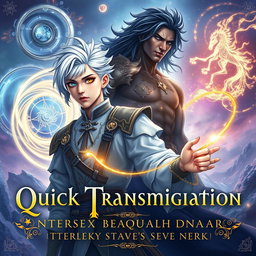A stunning fantasy book cover featuring an androgynous intersex protagonist with silver-white hair and heterochromatic eyes (one gold, one blue)