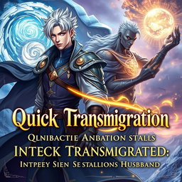 A stunning fantasy book cover featuring an androgynous intersex protagonist with silver-white hair and heterochromatic eyes (one gold, one blue)