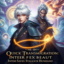 A stunning fantasy book cover featuring an androgynous intersex protagonist with silver-white hair and heterochromatic eyes (one gold, one blue)