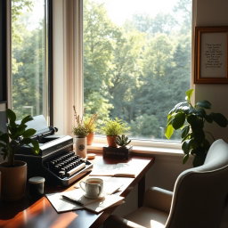 A serene writer's desk by a large window overlooking a lush green forest