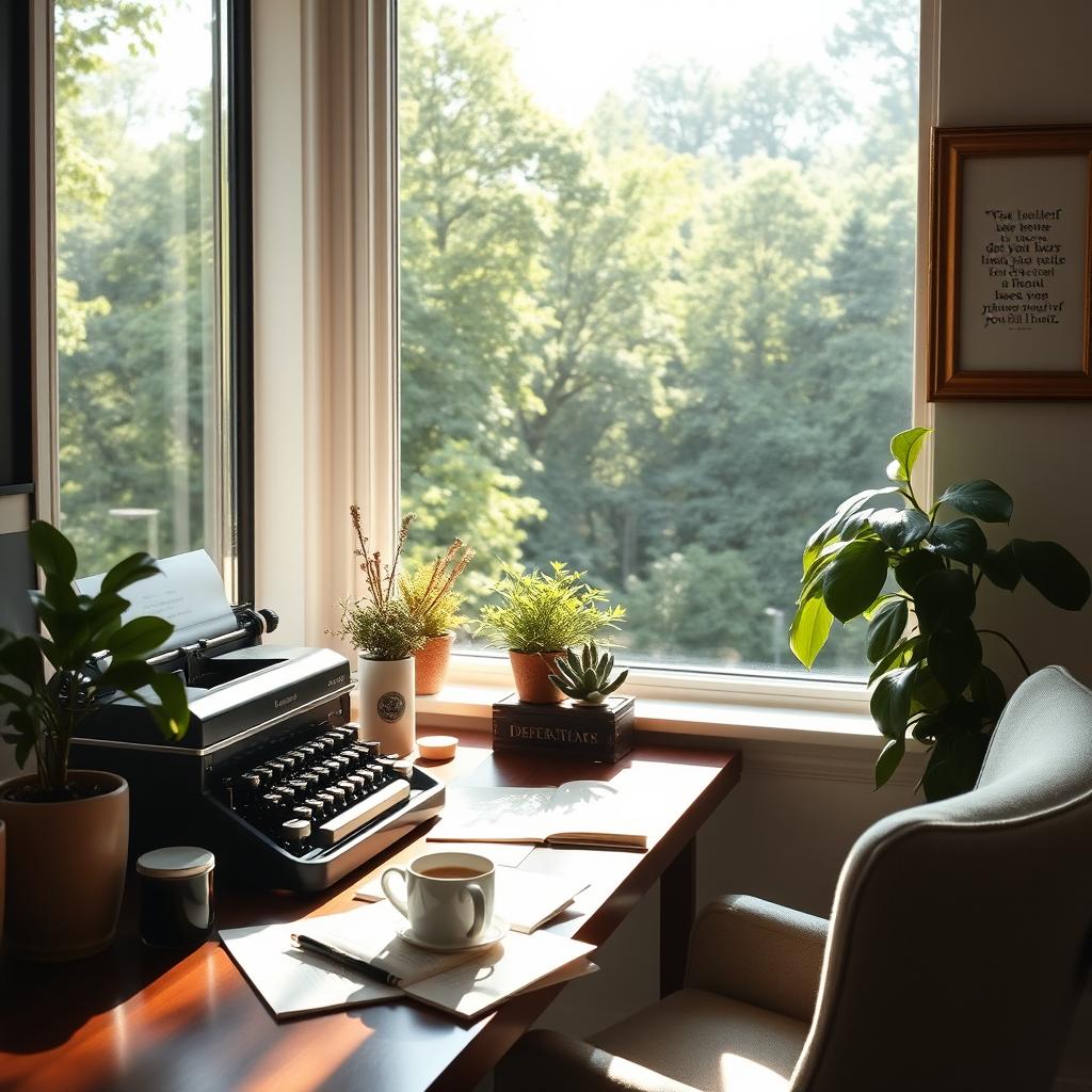 A serene writer's desk by a large window overlooking a lush green forest