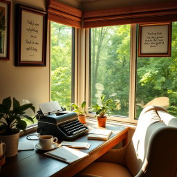 A serene writer's desk by a large window overlooking a lush green forest