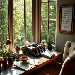 A serene writer's desk by a large window overlooking a lush green forest