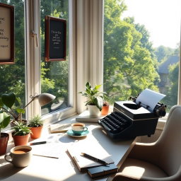 A serene writer's desk by a large window overlooking a lush green forest