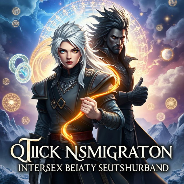 A stunning fantasy book cover featuring an androgynous intersex protagonist with silver-white hair and heterochromatic eyes, one gold and one blue