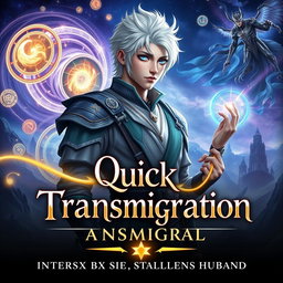 A stunning fantasy book cover featuring an androgynous intersex protagonist with silver-white hair and heterochromatic eyes, one gold and one blue