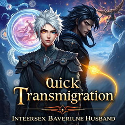 A stunning fantasy book cover featuring an androgynous intersex protagonist with silver-white hair and heterochromatic eyes, one gold and one blue