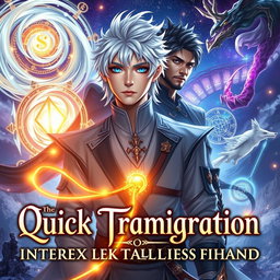 A stunning fantasy book cover featuring an androgynous intersex protagonist with silver-white hair and heterochromatic eyes, one gold and one blue