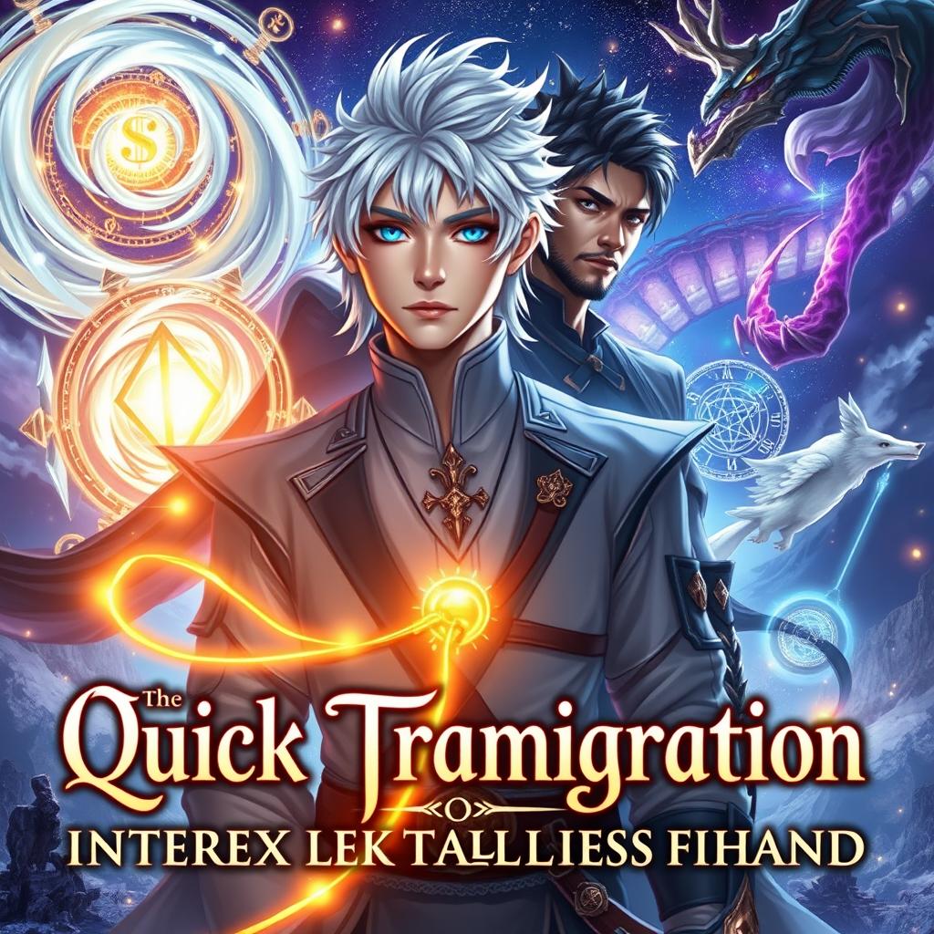 A stunning fantasy book cover featuring an androgynous intersex protagonist with silver-white hair and heterochromatic eyes, one gold and one blue