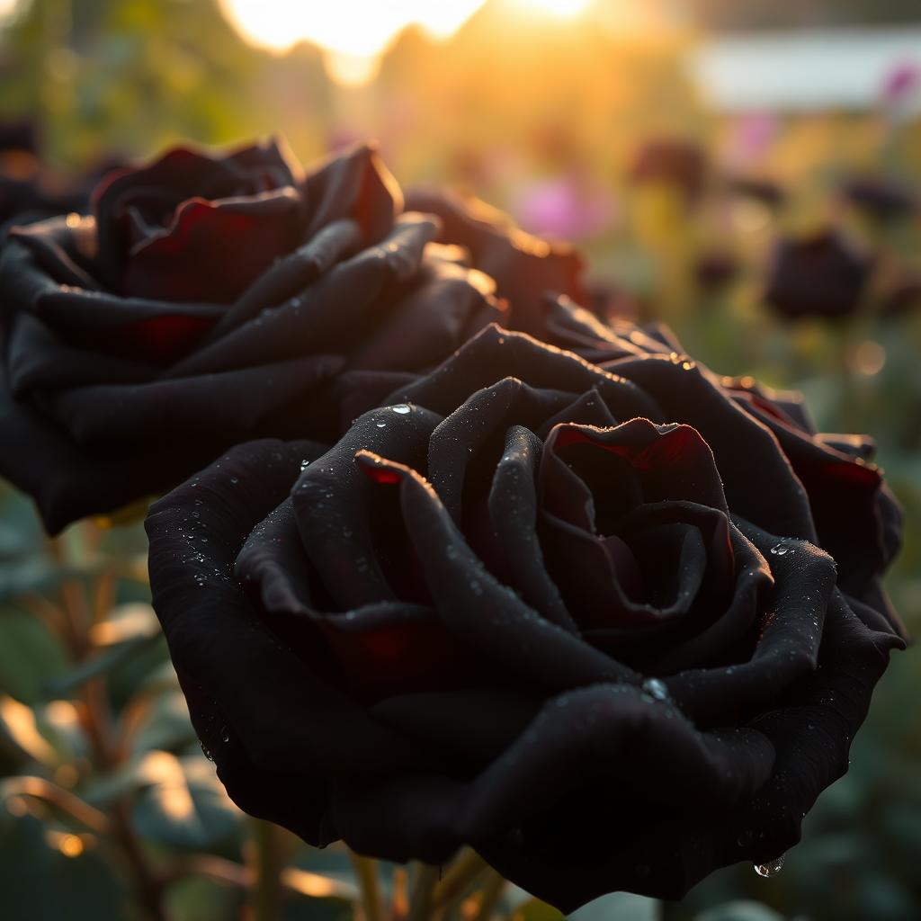 A stunning, close-up composition of black roses in full bloom, their velvety petals glistening with dew drops