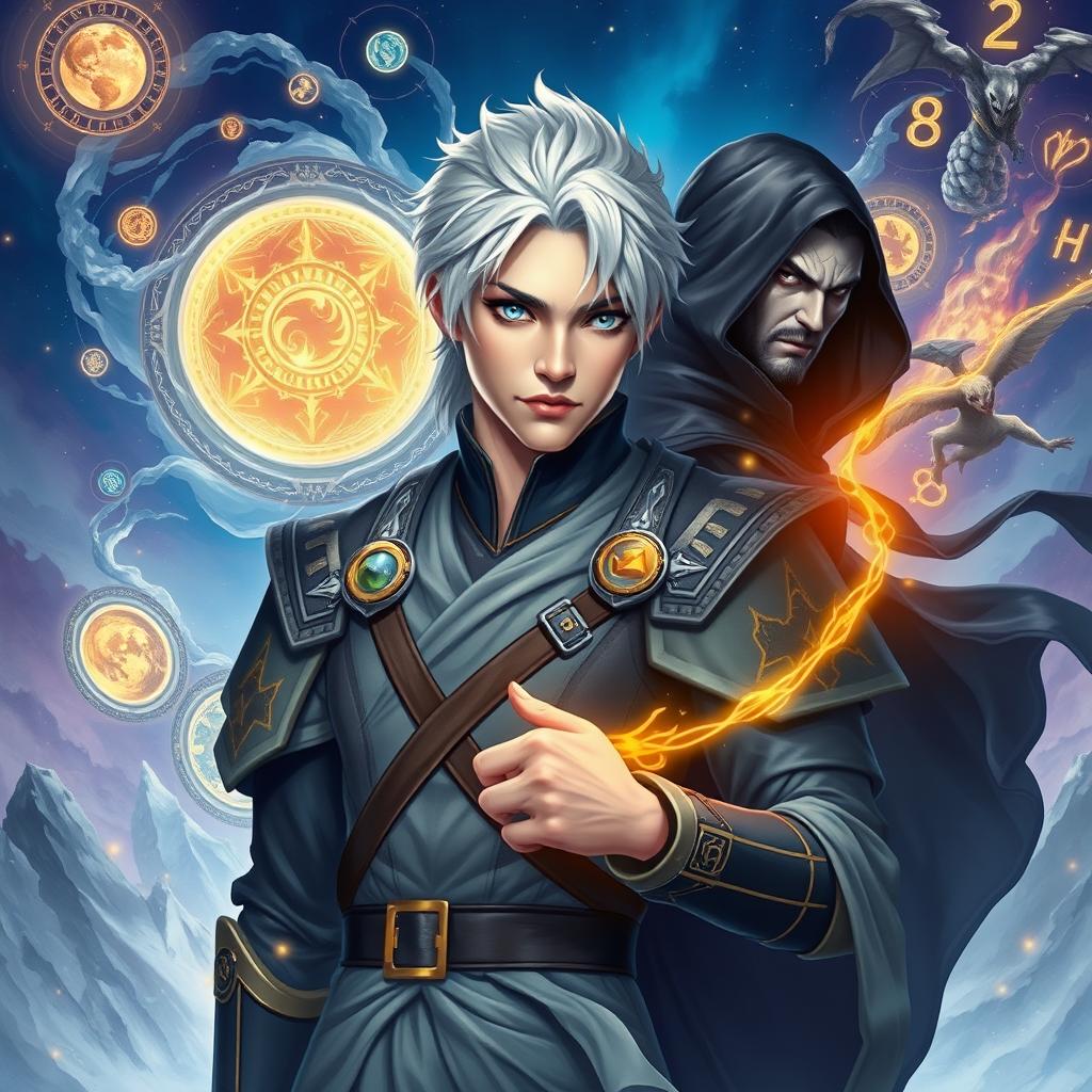 A stunning fantasy book cover featuring an androgynous intersex protagonist with silver-white hair and striking heterochromatic eyes, one gold and one blue