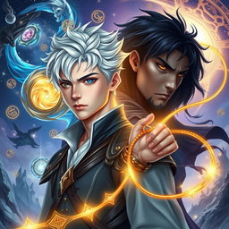 A stunning fantasy book cover featuring an androgynous intersex protagonist with silver-white hair and striking heterochromatic eyes, one gold and one blue