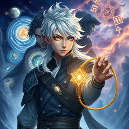 A stunning fantasy book cover featuring an androgynous intersex protagonist with silver-white hair and striking heterochromatic eyes, one gold and one blue