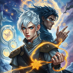 A stunning fantasy book cover featuring an androgynous intersex protagonist with silver-white hair and striking heterochromatic eyes, one gold and one blue