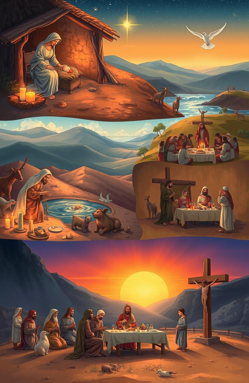 A narrative illustration depicting significant moments in the life of Jesus Christ from his birth to crucifixion