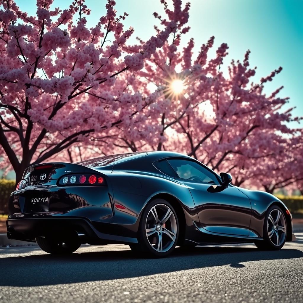 A sleek black MK4 Toyota Supra parked gracefully under vibrant blossom trees, showcasing its glossy finish and aerodynamic lines