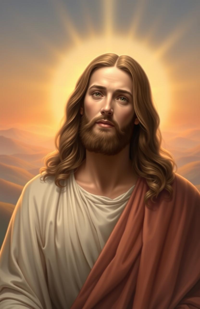 A serene and majestic depiction of Jesus Christ, portrayed with warm, compassionate eyes and a gentle expression