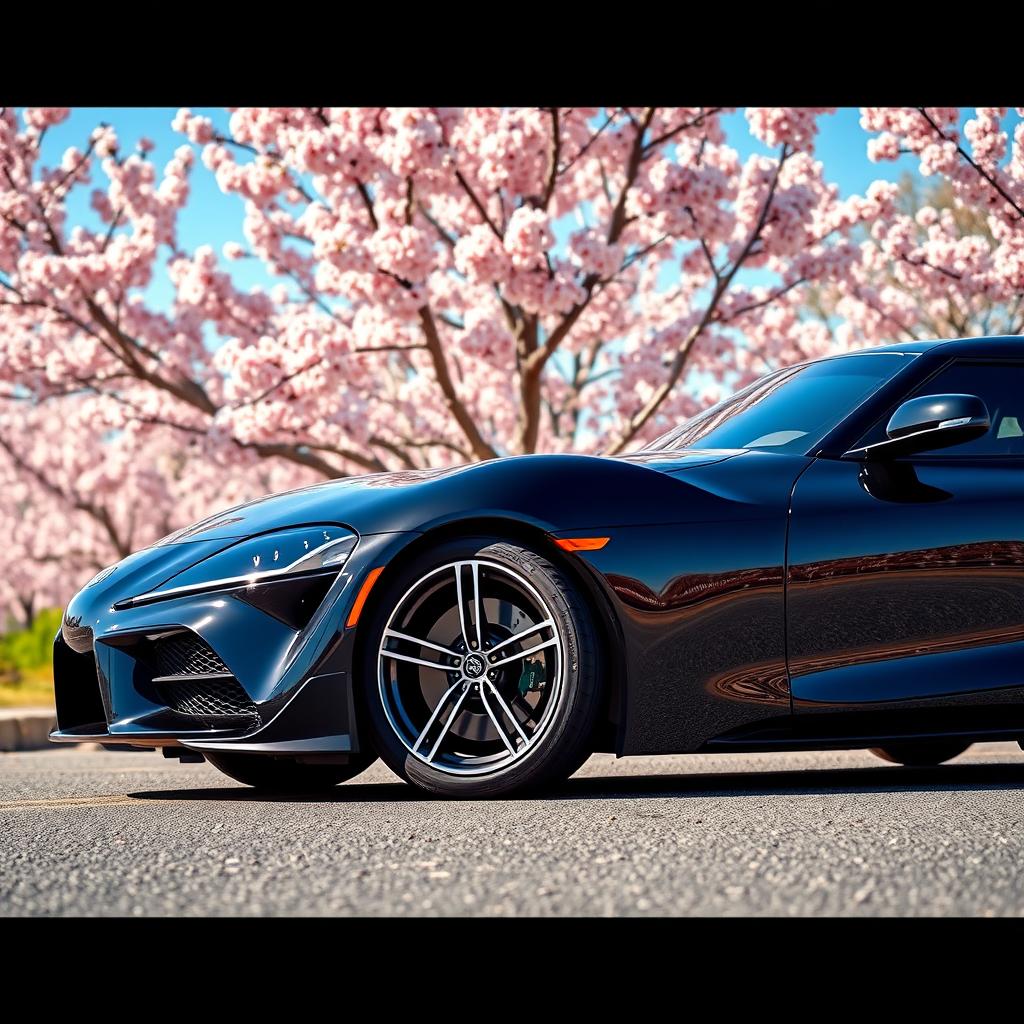 A sleek black MK4 Toyota Supra parked elegantly in front of a picturesque scene featuring blooming cherry blossom trees in full bloom